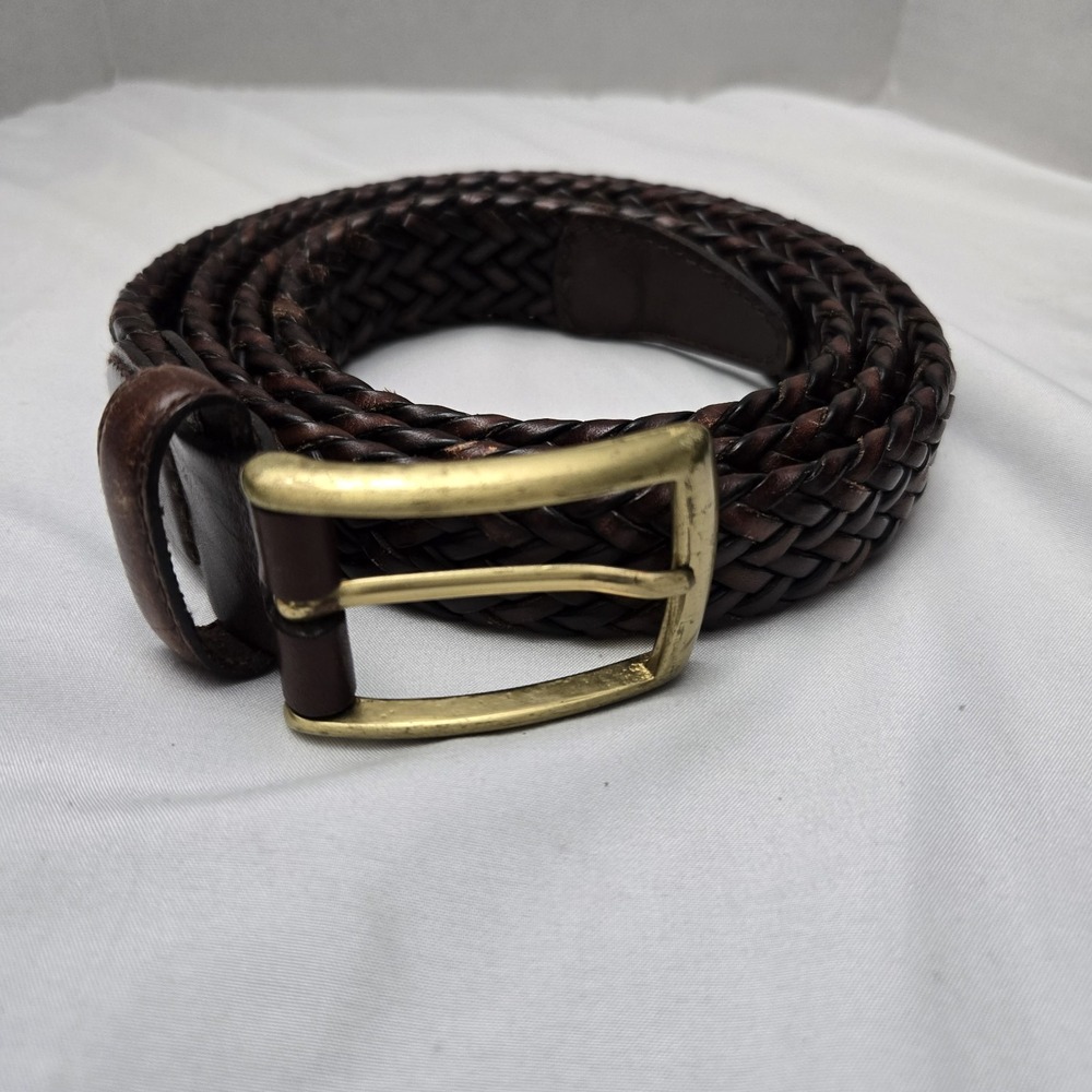Claiborne Braided Belt Mens 42 Brown Genuine Bonded Leather Classic Brass Buckle